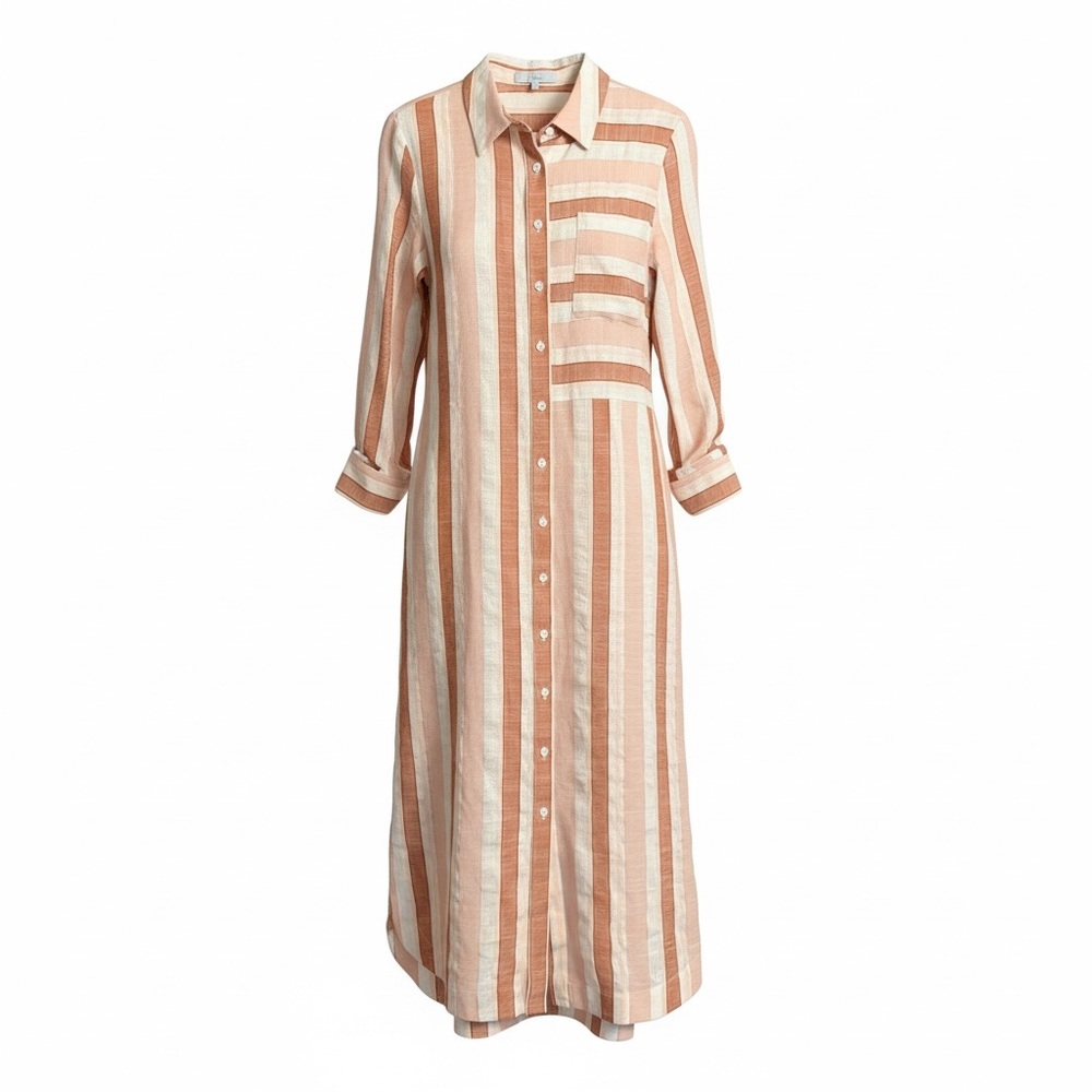 Pearl By Lela Rose Pink White Stripe Cotton/Linen Long Sleeve Shirt Dress Size M
